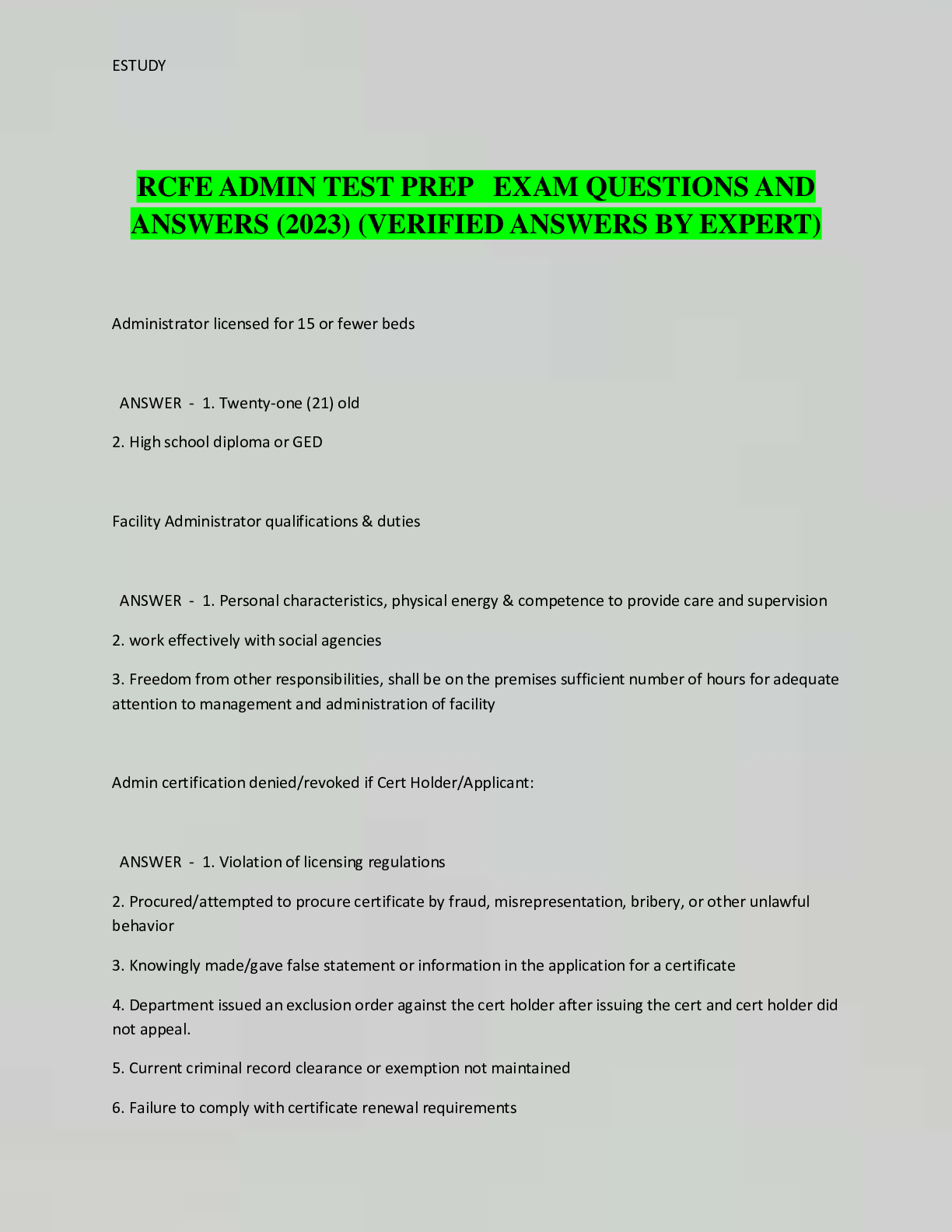 Preview image for RCFE ADMIN TEST PREP EXAM QUESTIONS AND  ANSWERS (2023) (VERIFIED ANSWERS BY EXPERT)
